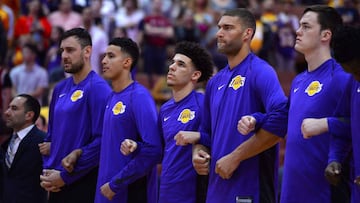 ANAHEIM, CA - SEPTEMBER 30: (left to right) Andrew Bogut, Kyle Kuzma, Lonzo Ball, Brook Lopez and Stephen Zimmerman of Los Angeles Lakers lock arms during the national anthem before the start of the game against the Minnesota Timberwolves on September 30, 2017 at the Honda Center in Anaheim, California. NOTE TO USER: User expressly acknowledges and agrees that, by downloading and or using this photograph, User is consenting to the terms and conditions of the Getty Images License Agreement. Robert Laberge/Getty Images/AFP
== FOR NEWSPAPERS, INTERNET, TELCOS & TELEVISION USE ONLY ==