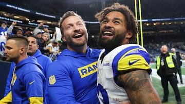 SEATTLE, WASHINGTON - NOVEMBER 03: Head coach Sean McVay and Kyren Williams #23 of the Los Angeles Rams celebrate after beating the Seattle Seahawks 26-20 in overtime at Lumen Field on November 03, 2024 in Seattle, Washington. Steph Chambers/Getty Images/AFP (Photo by Steph Chambers / GETTY IMAGES NORTH AMERICA / Getty Images via AFP)