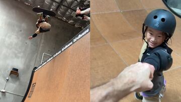 El niño japonés plancha un 540 Body Varial a la izquierda y luego choca el puño con la leyenda del skate Tony Hawk.
