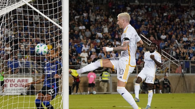 Jun 28, 2025; Stanford, California, USA; Los Angeles Galaxy midfielder Marco Reus (18) chases his shot deflection and scores a goal against the San Jose Earthquakes in the second half at Stanford Stadium. Mandatory Credit: David Gonzales-Imagn Images