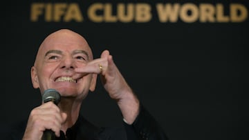FIFA President Gianni Infantino gestures during a press conference at the Trump Tower in New York, on July 12, 2025, on the eve of the FIFA Club World Cup 2025 final football match between England's Chelsea and France's Paris Saint-Germain. (Photo by JUAN MABROMATA / AFP)