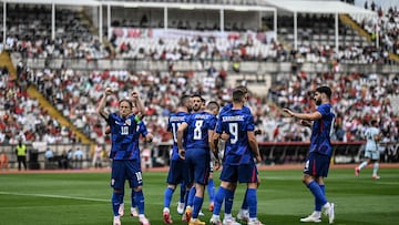 Croatia�s midfielder #10 Luka Modric celebrates after scoring his team's first goal during the international friendly football match between Portugal and Croatia at Jamor stadium in Oeiras on June 8, 2024. (Photo by PATRICIA DE MELO MOREIRA / AFP)