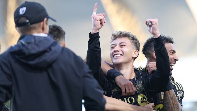 CARSON, CALIFORNIA - MAY 18: Nathan Ordaz #27 of the Los Angeles Football Club celebrates his goal with teammate Denis Bouanga #99 in the second half of their derby match against the LA Galaxy at Dignity Health Sports Park on May 18, 2025 in Carson, California. Luiza Moraes/Getty Images/AFP (Photo by Luiza Moraes / GETTY IMAGES NORTH AMERICA / Getty Images via AFP)