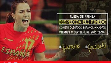 La jugadora de balonmano Eli Pinedo recibirá un homenaje este viernes en el COE tras anunciar su retirada el pasado mes de agosto.