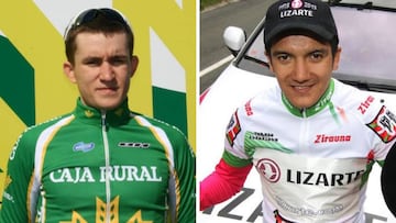 Michal Kwiatkowski y Richard Carapaz con los maillots del Caja Rural y el Lizarte.