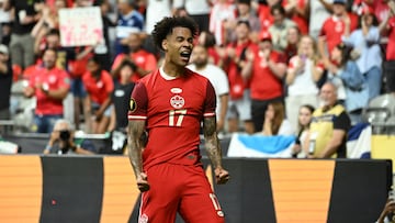 Jun 17, 2025; Vancouver, British Columbia, CAN; Canada forward Tajon Buchanan (17) celebrates after scoring against Honduras in the second half during a group stage match of the 2025 Gold Cup at BC Place. Mandatory Credit: Simon Fearn-Imagn Images