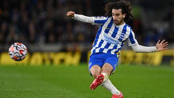 Brighton's Spanish defender Marc Cucurella plays the ball during the English Premier League football match between Brighton and Hove Albion and Manchester City at the American Express Community Stadium in Brighton, southern England on October 23, 202