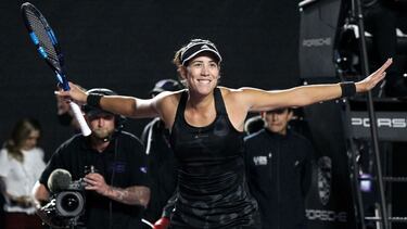 Spain's Garbine Muguruza reacts after defeating Estonia's Anett Kontaveit during the 2021 WTA Finals Tournament women's singles match in Zapopan, Mexico, November 14, 2021. (Photo by Ulises Ruiz / AFP)