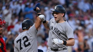 Aug 16, 2025; St. Louis, Missouri, USA; New York Yankees catcher Ben Rice (22) celebrates with right fielder Jose Caballero (72) after hitting a three run home run against the St. Louis Cardinals during the fourth inning at Busch Stadium. Mandatory Credit: Jeff Curry-Imagn Images