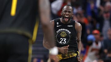 Draymond Green #23 of the Golden State Warriors reacts after he dunked the ball against the Phoenix Suns in the second half at Chase Center on March 13, 2023 in San Francisco, California.