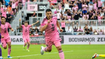 Inter Miami's Uruguayan forward #9 Luis Suarez celebrates after scoring during the MLS football match between Orlando City and Inter Miami FC at Chase Stadium in Fort Lauderdale, Florida, on March 2, 2024. (Photo by Chris ARJOON / AFP)