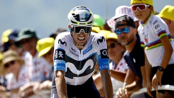 Peyragudes (France), 18/07/2025.- Spanish rider Enric Mas of Movistar Team crosses the finish line of the 13th stage of the Tour de France cycling race, an Individual Time Trial (ITT) over 10.9km from Loudenvielle to Peyragudes, France, 18 July 2025. (Ciclismo, Francia) EFE/EPA/MARTIN DIVISEK