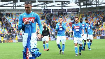 Jose Maria Callejon captain of Napoli leading the team during the supporters protest at the end of the Italian Serie A football match Frosinone v SSC Napoli at the Benito Stirpe Stadium in Frosinone, Italy on April 28, 2019
(Photo by Matteo Ciambelli/Nu