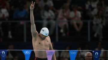 Palestine's Yazan Al Bawwab reacts before a heat of the men's 100m backstroke swimming event during the Paris 2024 Olympic Games at the Paris La Defense Arena in Nanterre, west of Paris, on July 28, 2024. (Photo by Oli SCARFF / AFP)