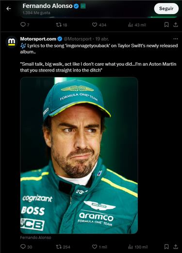 Taylor Swift y su guiño a Fernando Alonso en su último disco: “Soy un Aston Martin”