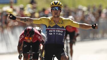Lagnieu (France), 08/08/2020.- Slovenia Primoz Roglic of team Jumbo-Visma celebrates winning the 2nd stage of the Tour de l'Ain cycling race over 140,5km between Lagnieu and Lelex Monts-Jura, France, 8 August 2020. (Ciclismo, Francia, Eslovenia) EFE/EPA/G