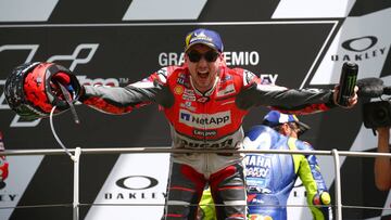 Motorcycling - MotoGP - Italian Grand Prix - Mugello Circuit, Scarperia, Italy - June 3, 2018 Ducati Team's Jorge Lorenzo celebrates winning the race on the podium REUTERS/Alessandro Bianchi