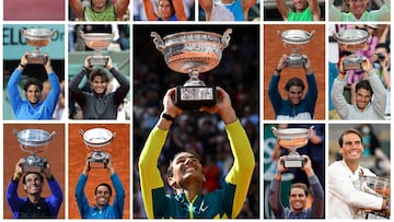 Rafa Nadal levantando los trofeos que ganó en Roland Garros.