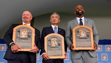 Jul 27, 2025; Cooperstown, NY, USA; Hall of Fame inductees Billy Wagner, Ichiro Suzuki and CC Sabathia with their Baseball Hall of Fame plaques after the Baseball Hall of Fame Induction Ceremony at the Clark Sports Center. Mandatory Credit: Gregory Fisher-Imagn Images