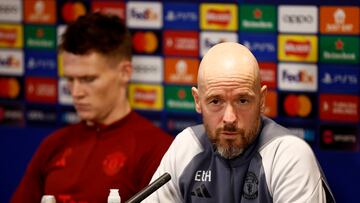 Soccer Football - Champions League - Manchester United Press Conference - Trafford Training Centre, Carrington, Britain - December 11, 2023 Manchester United manager Erik ten Hag and Manchester United's Scott McTominay during the press conference Action Images via Reuters/Jason Cairnduff