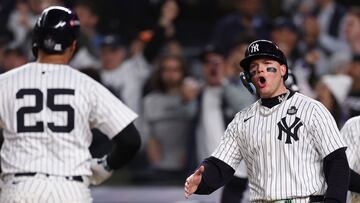 NEW YORK, NEW YORK - OCTOBER 29: Gleyber Torres #25 of the New York Yankees is congratulated by Alex Verdugo #24 after hitting a three-run home run during the eighth inning of Game Four of the 2024 World Series against the Los Angeles Dodgers at Yankee Stadium on October 29, 2024 in the Bronx borough of New York City. Elsa/Getty Images/AFP (Photo by ELSA / GETTY IMAGES NORTH AMERICA / Getty Images via AFP)