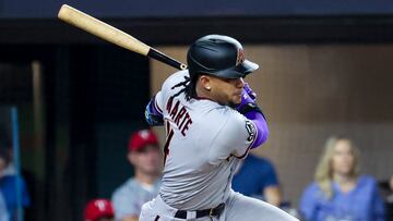 Oct 28, 2023; Arlington, TX, USA; Arizona Diamondbacks second baseman Ketel Marte (4) hits a two run single during the eighth inning against the Texas Rangers in game two of the 2023 World Series at Globe Life Field. Mandatory Credit: Kevin Jairaj-USA TODAY Sports