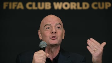 FIFA President Gianni Infantino speaks during a press conference at the Trump Tower in New York, on July 12, 2025, on the eve of the FIFA Club World Cup 2025 final football match between England's Chelsea and France's Paris Saint-Germain. (Photo by JUAN MABROMATA / AFP)