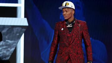Bennedict Mathurin (Arizona) reacts after being selected as the number six overall pick by the Indiana Pacers in the first round of the 2022 NBA Draft at Barclays Center.