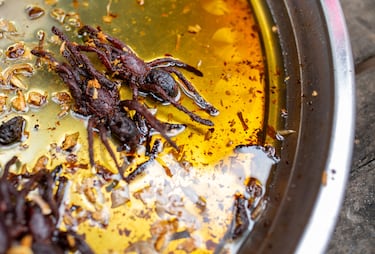 Las tarántulas fritas aderezadas con ajo y hierbas, es una especialidad de la ciudad Camboyana de  Skuon, existen cantidad de vendedores callejeros con grandes cuencos de este “manjar”, para disfrute de los más atrevidos.
