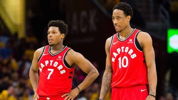 CLEVELAND, OH - MAY 7: Kyle Lowry #7 and DeMar DeRozan #10 of the Toronto Raptors wait for a free-throw during the second half of Game 4 of the second round of the Eastern Conference playoffs against the Cleveland Cavaliers at Quicken Loans Arena on May 7, 2018 in Cleveland, Ohio. The Cavaliers defeated the Raptors 128-93. NOTE TO USER: User expressly acknowledges and agrees that, by downloading and or using this photograph, User is consenting to the terms and conditions of the Getty Images License Agreement. Jason Miller/Getty Images/AFP
== FOR NEWSPAPERS, INTERNET, TELCOS & TELEVISION USE ONLY ==