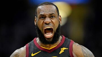 May 25, 2018; Cleveland, OH, USA; Cleveland Cavaliers forward LeBron James (23) reacts after a play against the Boston Celtics in game six of the Eastern conference finals of the 2018 NBA Playoffs at Quicken Loans Arena. Mandatory Credit: David Richard-USA TODAY Sports