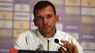 12 October 2020, Ukraine, Kiev: Ukraine head coach Andriy Shevchenko speaks during a press conference for the Ukrainian national team, ahead of Tuesday's UEFA Nations League soccer match against Spain. Photo: -/Ukrinform/dpa
12/10/2020 ONLY FOR