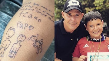 Jugador colombiano se tatúa un dibujo hecho por su hijo tras la muerte de su mujer.