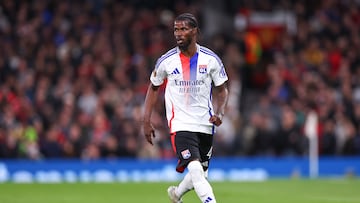 MANCHESTER, ENGLAND - APRIL 17: Paul Akouokou of Olympique Lyonnais during the UEFA Europa League 2024/25 Quarter Final Second Leg match between Manchester United and Olympique Lyonnais at Old Trafford on April 17, 2025 in Manchester, England. (Photo by Robbie Jay Barratt - AMA/Getty Images)