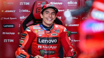 Ducati Lenovoi Team's Spanish MotoGP rider Marc Marquez sits in his box during the first practice session of the German Moto GP Grand Prix at the Sachsenring racing circuit, in Hohenstein-Ernstthal, eastern Germany on July 11, 2025. (Photo by Ronny Hartmann / AFP)