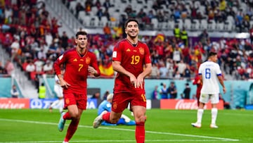 Carlos SOLER of Spain celebrates his goal with Alvaro MORATA of Spain during the FIFA World Cup Qatar 2022, Group E match between Spain and Costa Rica on November 23, 2022 at Al Thumama Stadium in Doha, Qatar. (Photo by Baptiste Fernandez/Icon Sport via Getty Images)
