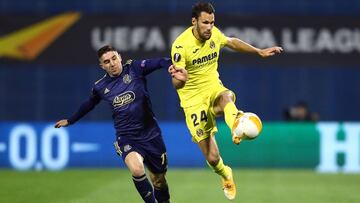 Soccer Football - Europa League - Quarter Final First Leg - GNK Dinamo Zagreb v Villarreal - Stadion Maksimir, Zagreb, Croatia - April 8, 2021 GNK Dinamo Zagreb's Luka Ivanusec in action with Villarreal's Alfonso Pedraza REUTERS/Antonio Bronic