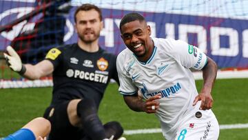 Zenit's Brazilian forward Malcom celebrates after scoring a goal during the Russian Premier League football match between CSKA Moscow and Zenit St. Petersburg at the VEB Arena stadium in Moscow on June 20, 2020. (Photo by STRINGER / AFP)
