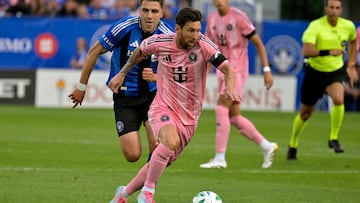 Jul 5, 2025; Montreal, Province of Quebec, CAN; Inter Miami CF forward Lionel Messi (10) during the first half against CF Montreal at Saputo Stadium. Mandatory Credit: Eric Bolte-Imagn Images