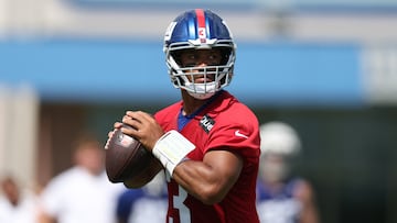 Jul 23, 2025; East Rutherford, NJ, USA; New York Giants quarterback Russell Wilson (3) looks to pass during training camp at Quest Diagnostics Training Center. Mandatory Credit: Vincent Carchietta-Imagn Images