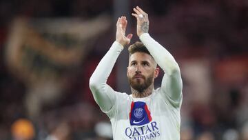 MUNICH, GERMANY - MARCH 08: Sergio Ramos of Paris Saint-Germain applauds the fans after the team's defeat in the UEFA Champions League round of 16 leg two match between FC Bayern München and Paris Saint-Germain at Allianz Arena on March 08, 2023 in Munich, Germany. (Photo by Alex Grimm/Getty Images)