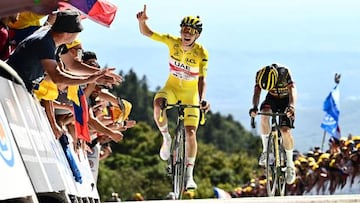 Pogacar celebra la victoria en La Planche ante Vingegaard.