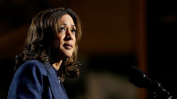 Democratic presidential nominee U.S. Vice President Kamala Harris reacts during a campaign rally at Michigan State University in East Lansing, Michigan, U.S., November 3, 2024. REUTERS/Elizabeth Frantz