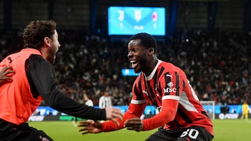 Soccer Football - Italian Super Cup - Semi Final - Juventus v AC Milan - Al Awwal Park, Riyadh, Saudi Arabia - January 3, 2025 AC Milan's Yunus Musah celebrates their second goal, an own goal scored by Juventus' Weston McKennie REUTERS/Jennifer Lorenzini
