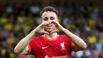 FILE PHOTO: Soccer Football - Premier League - Norwich City v Liverpool - Carrow Road, Norwich, Britain - August 14, 2021 Liverpool's Diogo Jota celebrates scoring their first goal REUTERS/Chris Radburn/File Photo EDITORIAL USE ONLY. No use with unauthorized audio, video, data, fixture lists, club/league logos or 'live' services. Online in-match use limited to 75 images, no video emulation. No use in betting, games or single club /league/player publications. Please contact your account representative for further details.