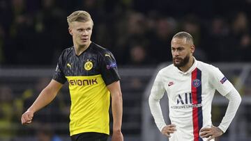 Dortmund (Germany), 18/02/2020.- PSG's Neymar (R) and Dortmund's Erling Braut Haland (L) react during the UEFA Champions League round of 16 first leg soccer match between Borussia Dortmund and Paris Saint-Germain in Dortmund, Germany, 18 Februar