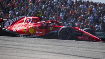 Oct 21, 2018; Austin, TX, USA; Ferrari driver Kimi Raikkonen (7) of Finland drives though turn one during the United States Grand Prix at Circuit of the Americas. Mandatory Credit: Jerome Miron-USA TODAY Sports