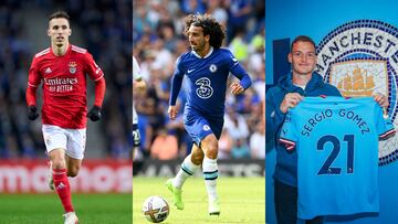 Alejandro Grimaldo, Marc Cucurella y Sergio Gómez, jugadores del Benfica, Chelsea y Manchester City.