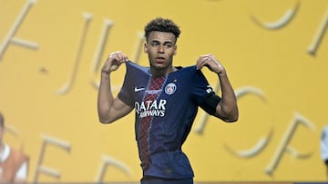Paris Saint-Germain's French midfielder #14 Desire Doue celebrates scoring the opening goal during the FIFA Club World Cup 2025 quarterfinal football match between France's Paris Saint-Germain and Germany's Bayern Munich at the Mercedes-Benz Stadium in Atlanta on July 5, 2025. (Photo by PATRICIA DE MELO MOREIRA / AFP)