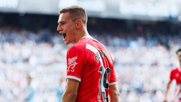 De Frutos celebra su gol al Celta.